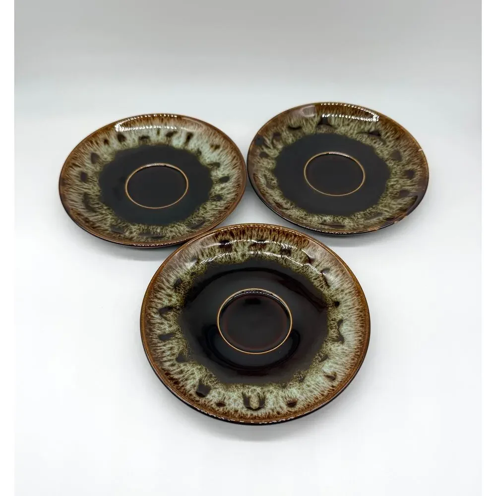 Vintage Brown Drip Glaze Stoneware Salad Dessert Plates Set 3 Rustic Pottery